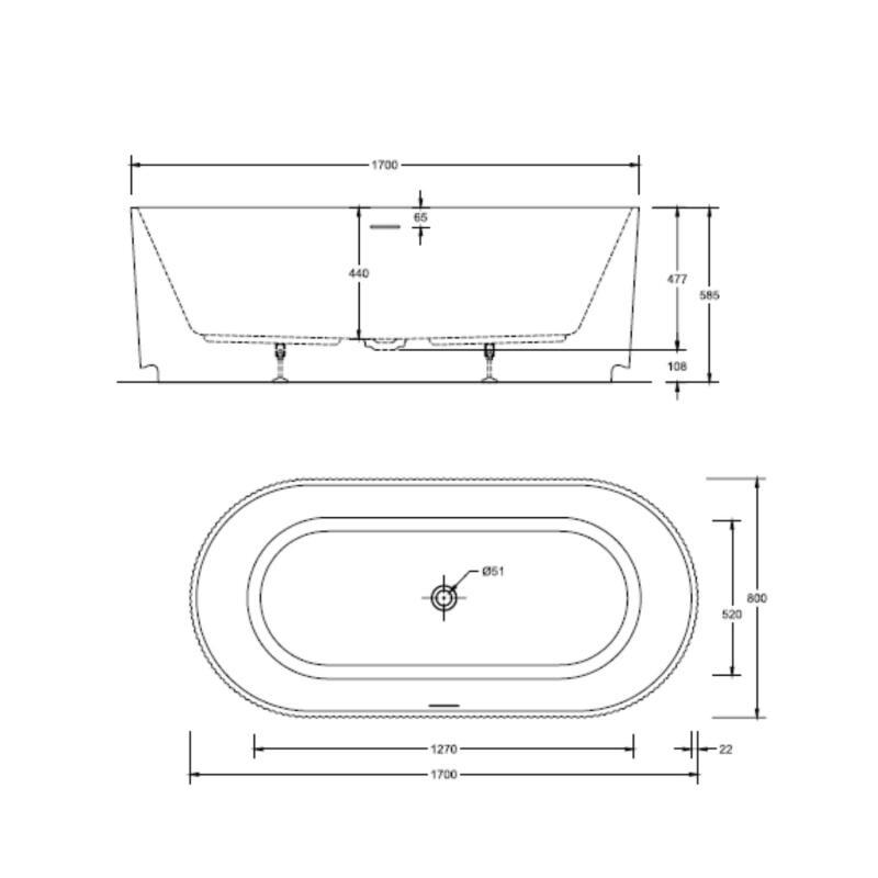 Baignoire îlot blanche 170cm striée en acrylique Lucite® - Livrée complète