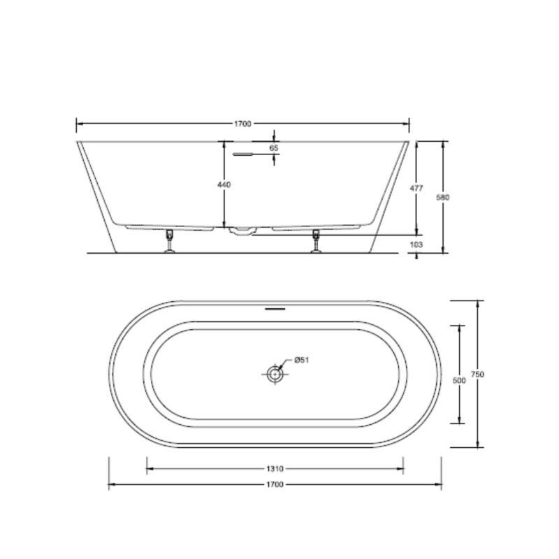 Baignoire îlot blanche 170cm en acrylique Lucite® - Livrée complète