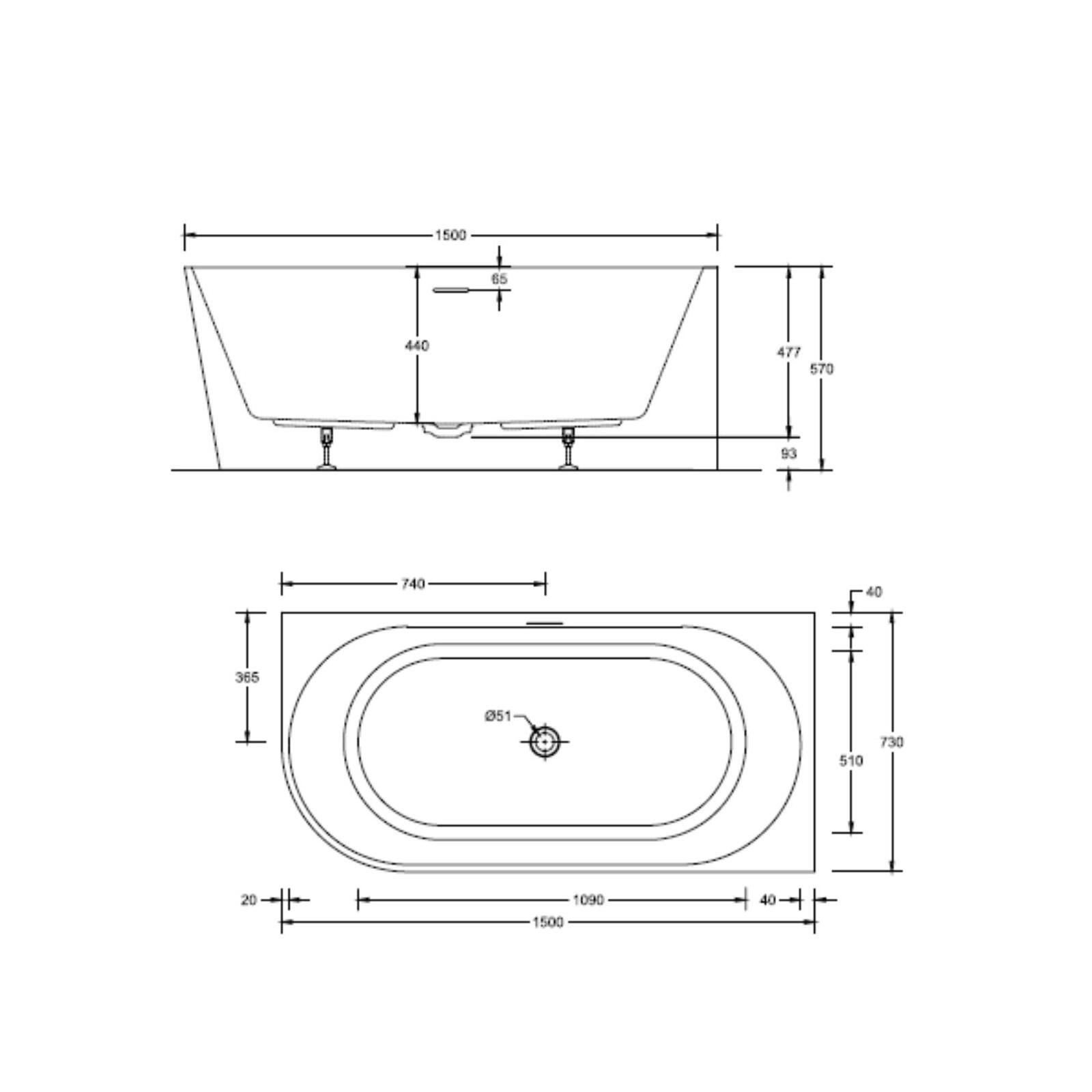 Baignoire semi-îlot en acrylique blanche 150cm - Angle droit