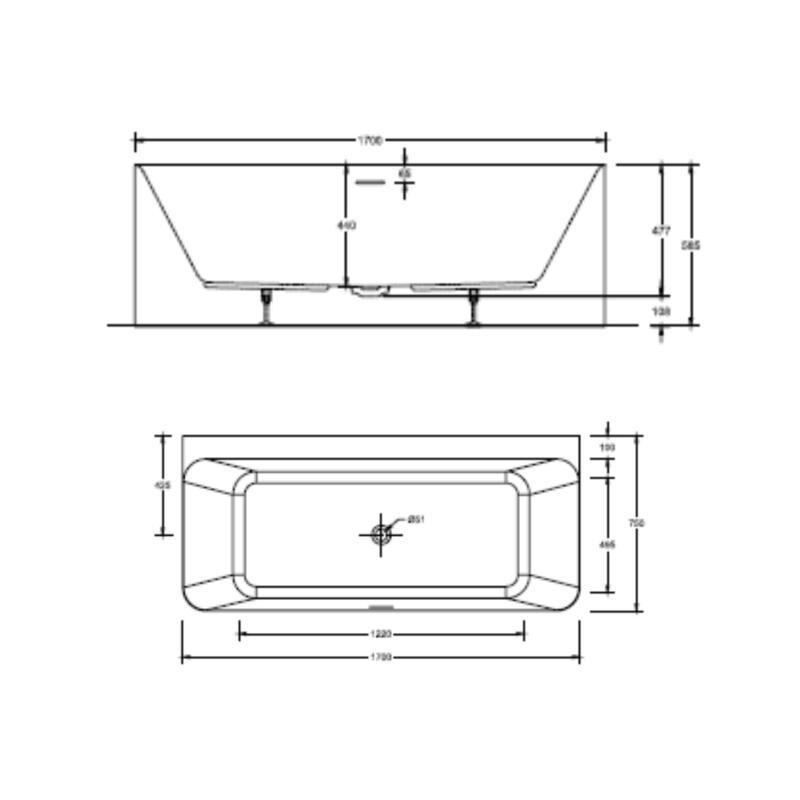 Baignoire murale blanche 170cm en acrylique Lucite® - Livrée complète