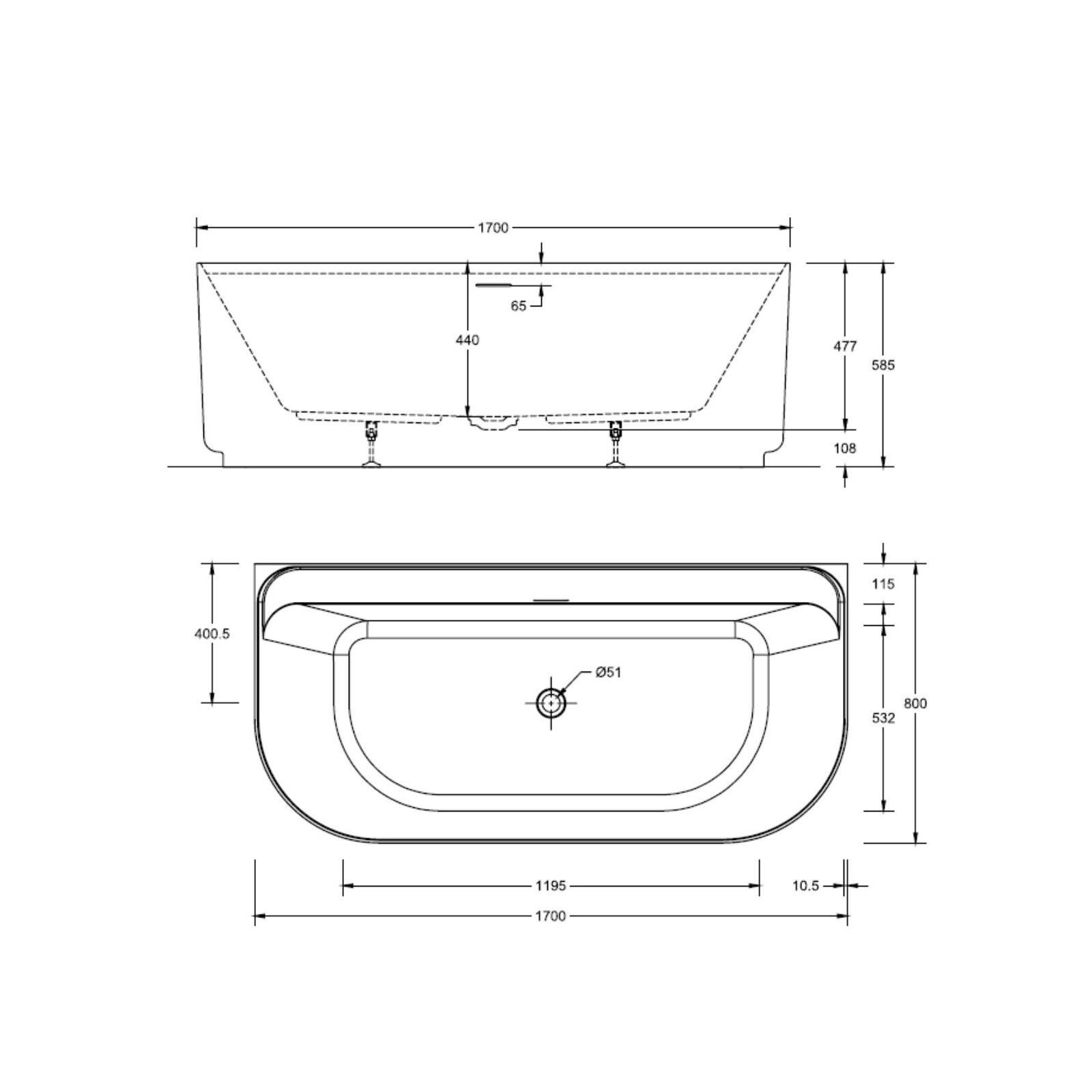 Baignoire murale blanche 170cm en acrylique Lucite® - Livrée complète