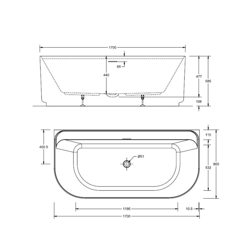 Baignoire murale blanche 170cm en acrylique Lucite® - Livrée complète