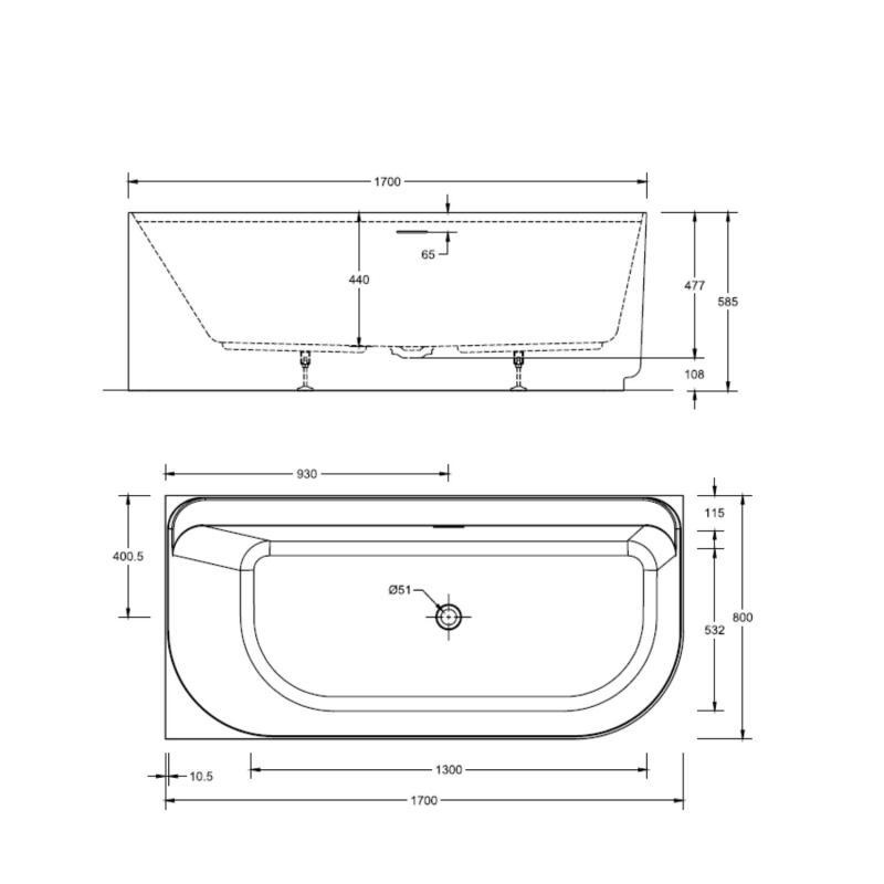 Baignoire semi-îlot blanche 170cm en acrylique Lucite®  - Angle droit - Livrée complète