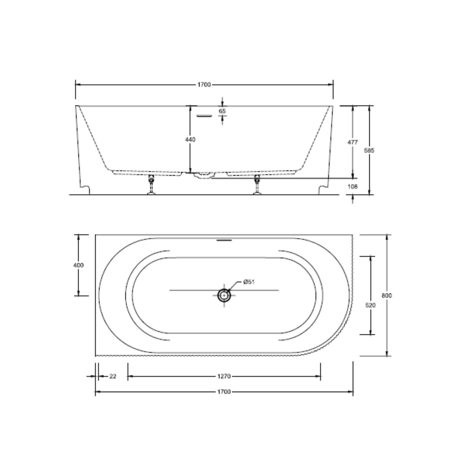 Baignoire semi-îlot blanche 170cm striée en acrylique Lucite®  - Angle gauche - Livrée complète