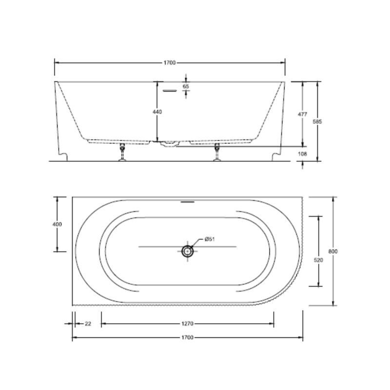 Baignoire semi-îlot blanche 170cm striée en acrylique Lucite®  - Angle gauche - Livrée complète
