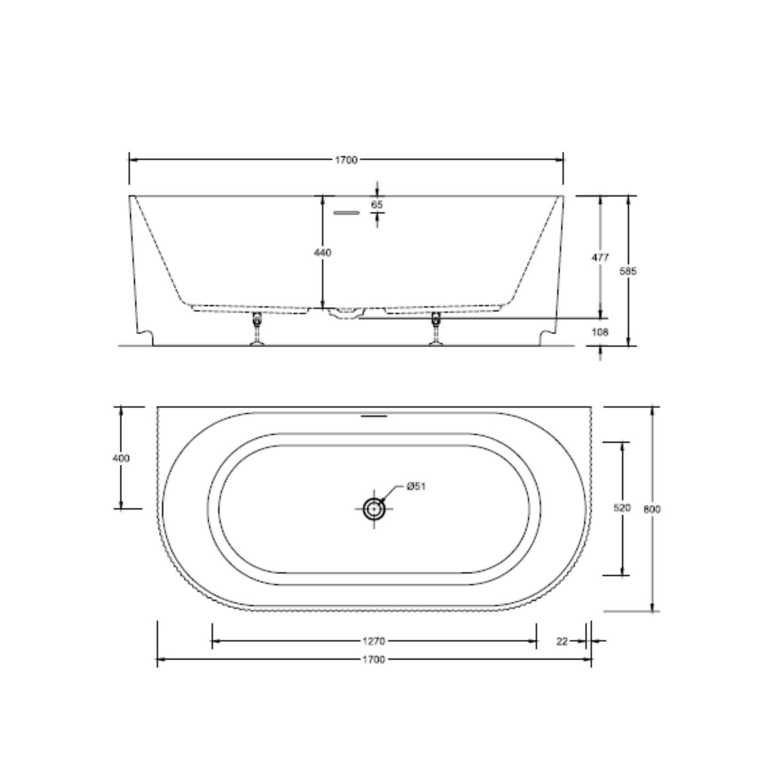 Baignoire murale blanche 170cm striée en acrylique Lucite® - Livrée complète