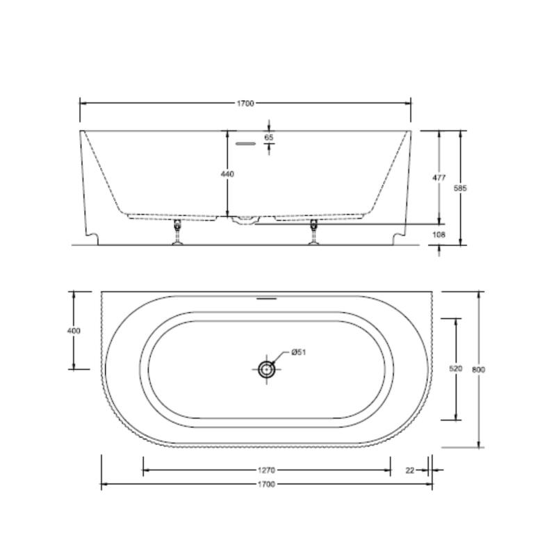 Baignoire murale blanche 170cm striée en acrylique Lucite® - Livrée complète