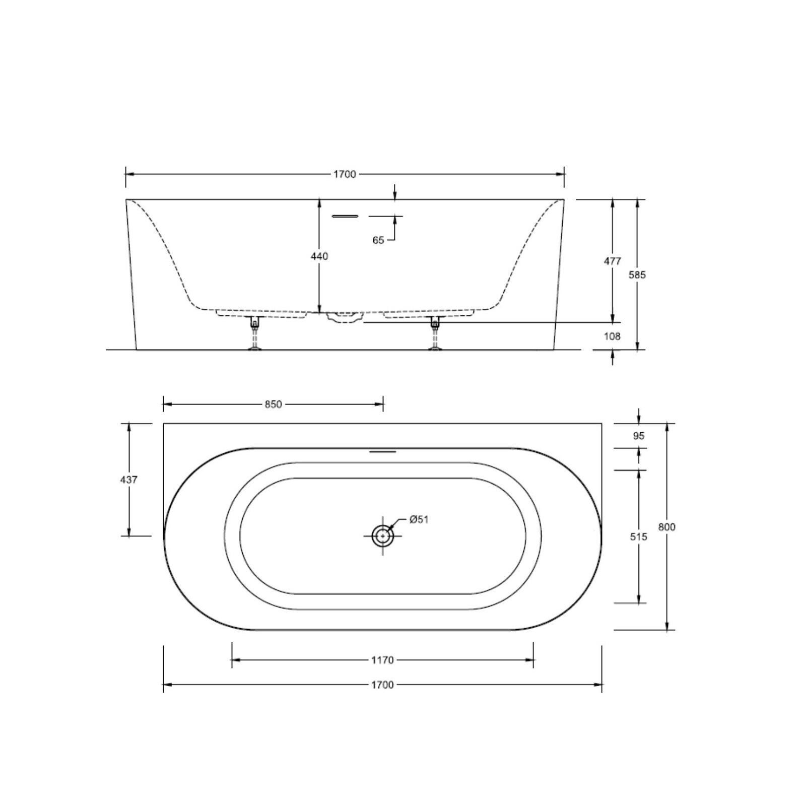 Baignoire murale blanche 170cm en acrylique Lucite® - Livrée complète
