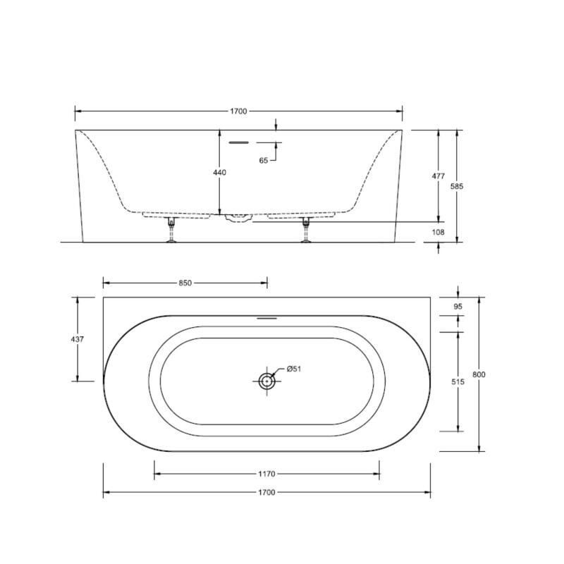 Baignoire murale blanche 170cm en acrylique Lucite® - Livrée complète