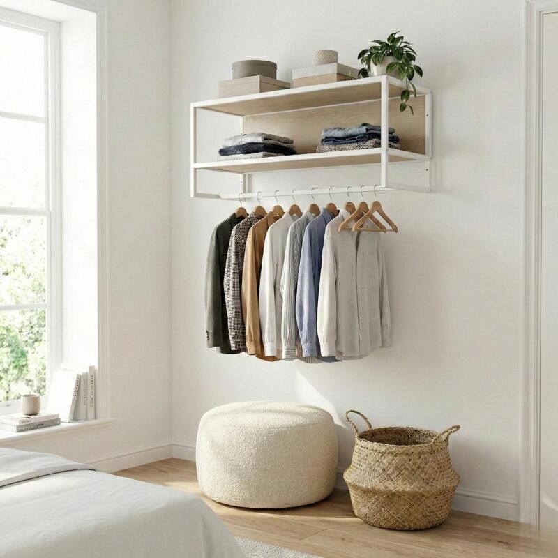 Etagère penderie murale en bois et métal blanc 90x40cm