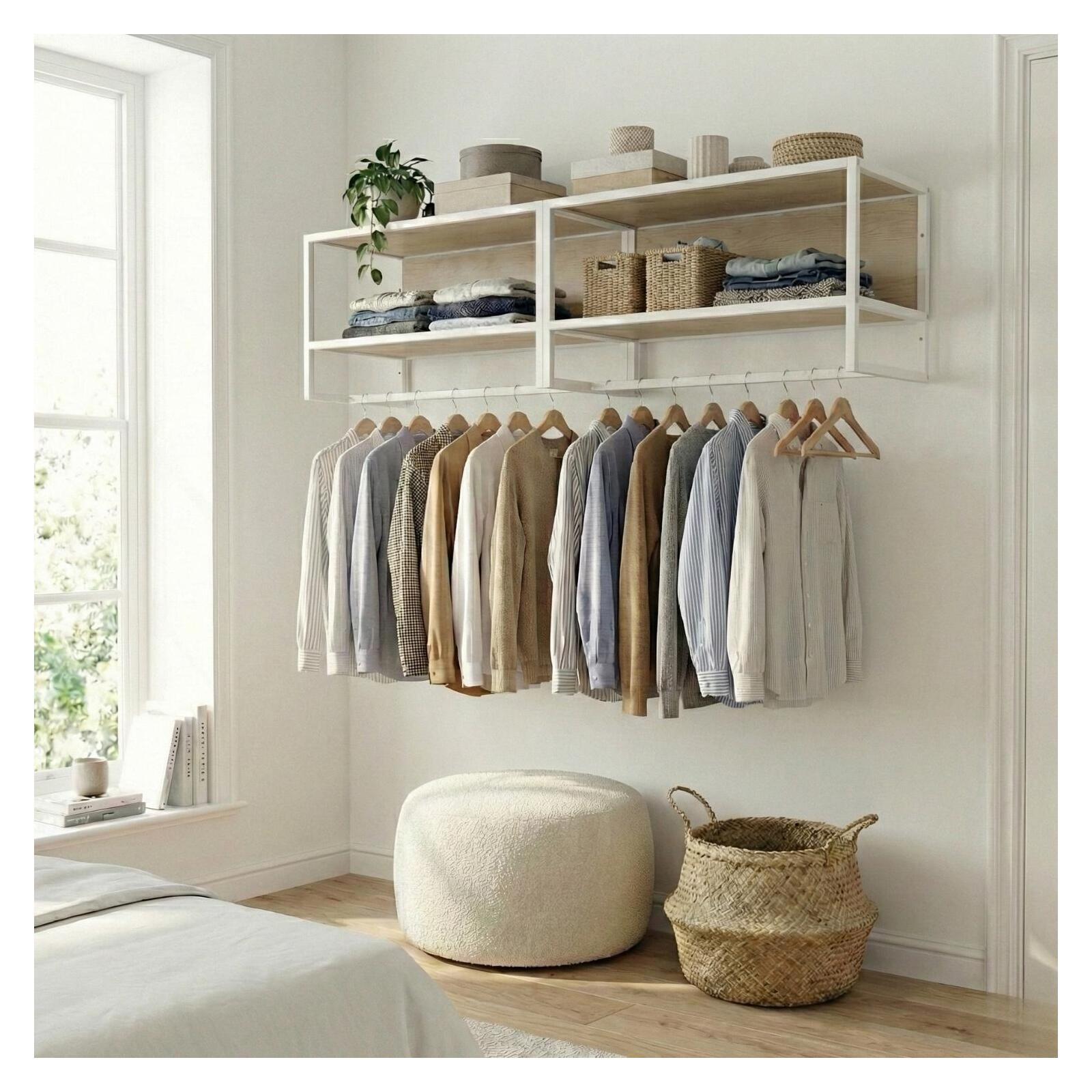 Lot de 2 étagères penderies murales bois et métal blanc