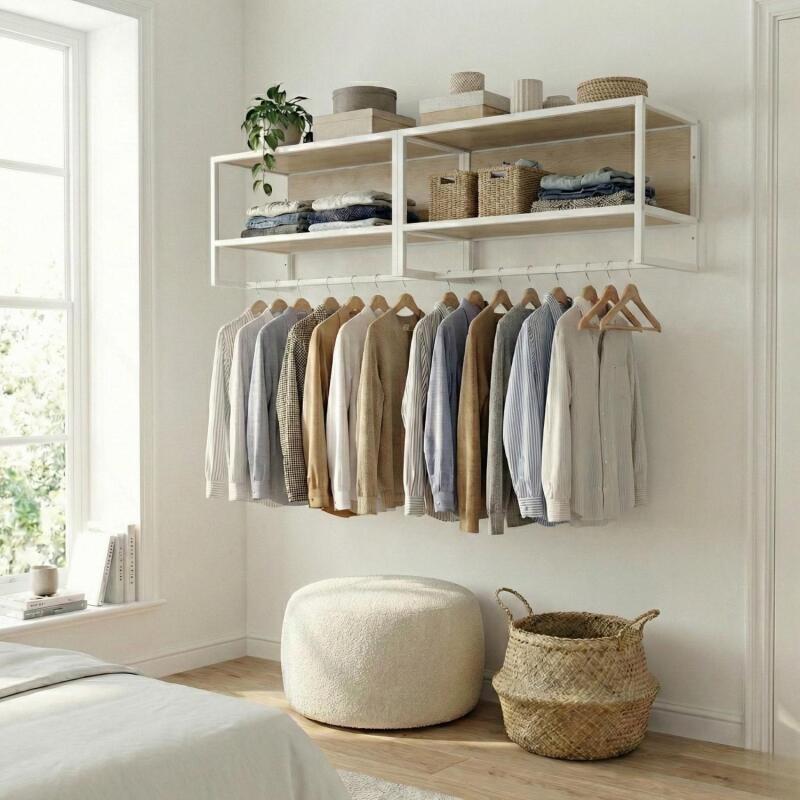 Lot de 2 étagères penderies murales bois et métal blanc