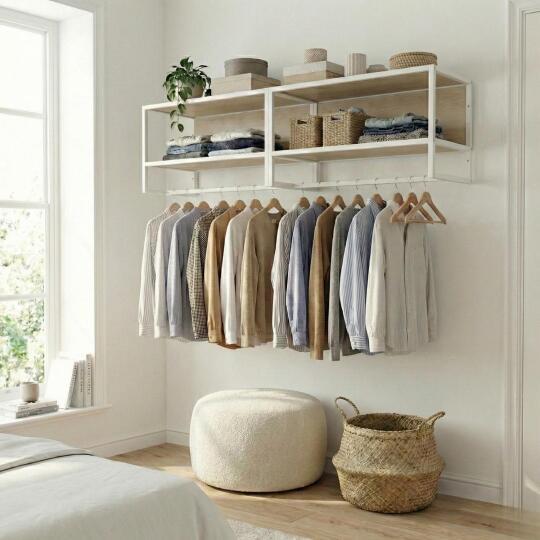 Lot de 2 étagères penderies murales bois et métal blanc