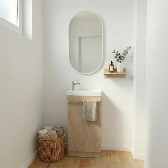 Ensemble lave-mains sur pieds décor chêne avec robinet et miroir