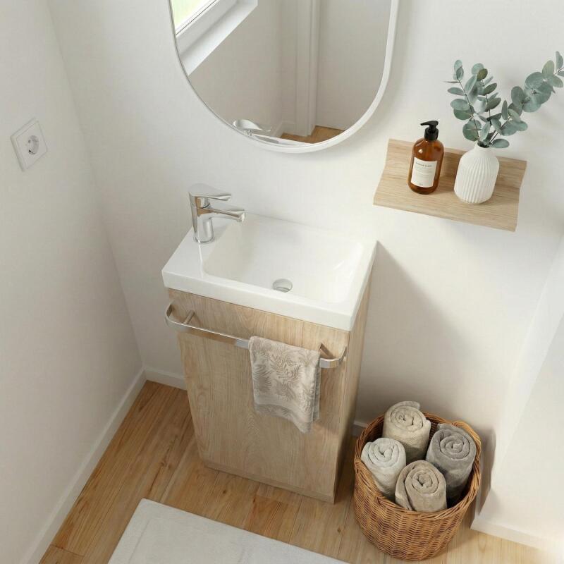 Ensemble lave-mains sur pieds décor chêne avec robinet et miroir