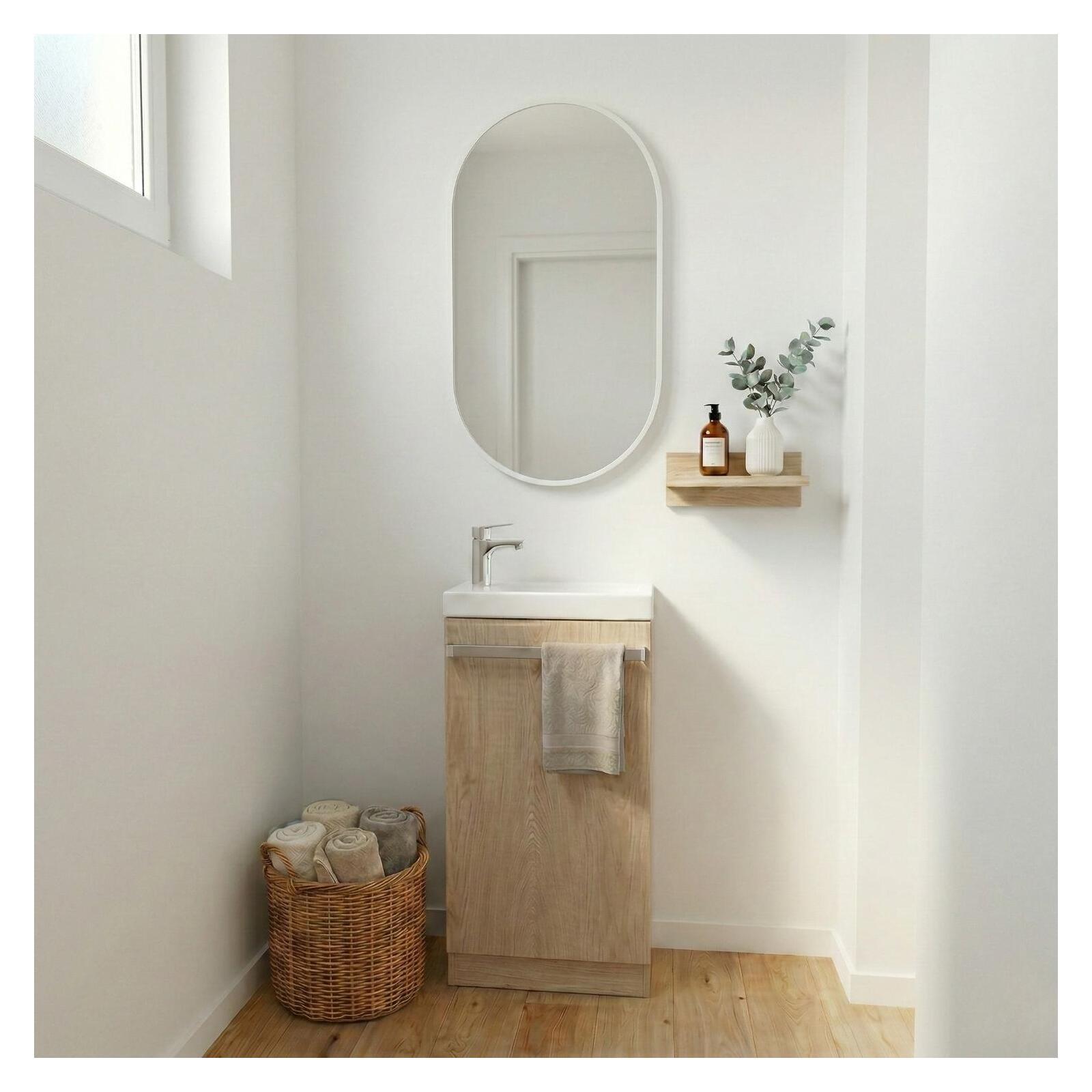 Ensemble lave-mains sur pieds décor chêne avec miroir ovale