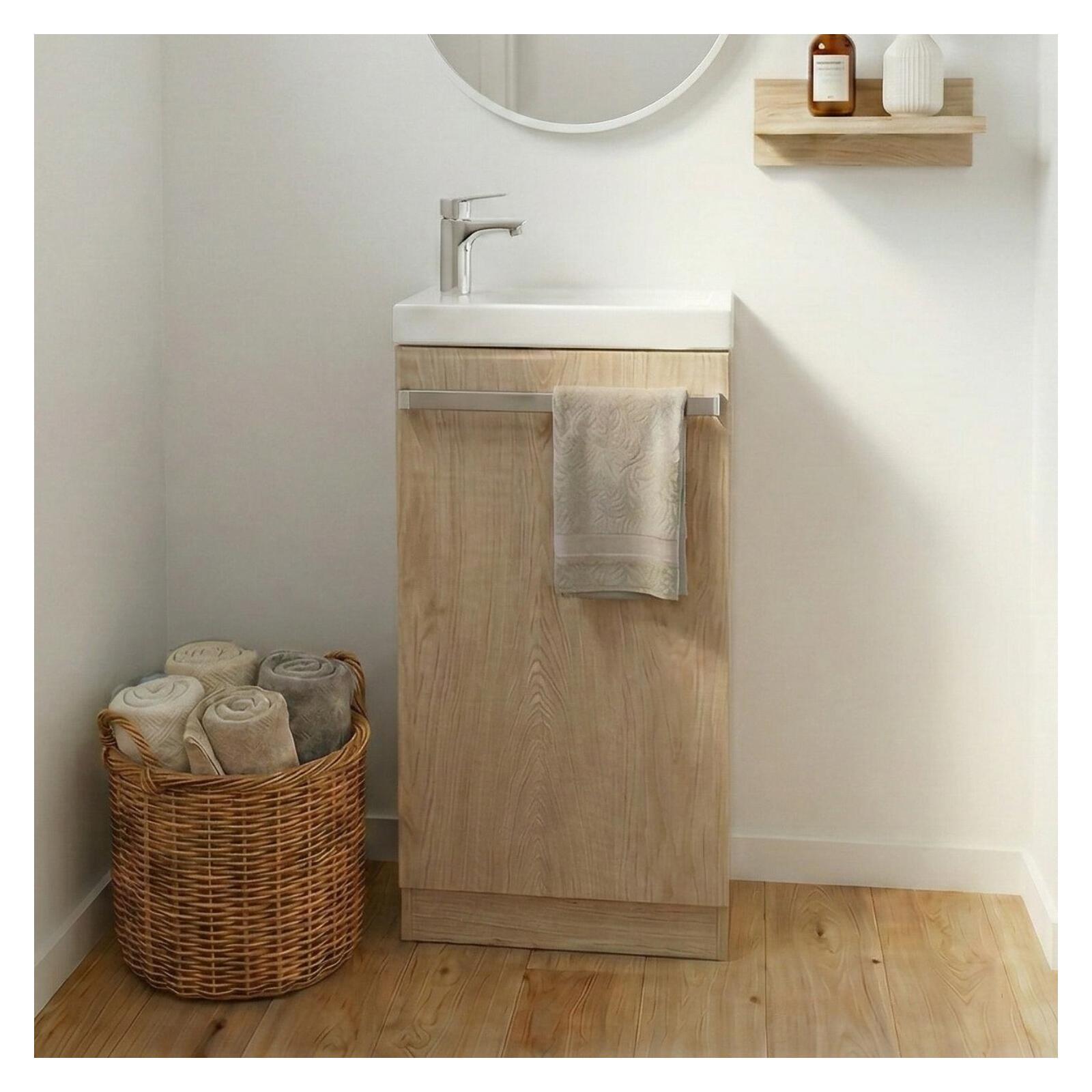 Ensemble lave-mains sur pieds décor chêne avec robinet chromé