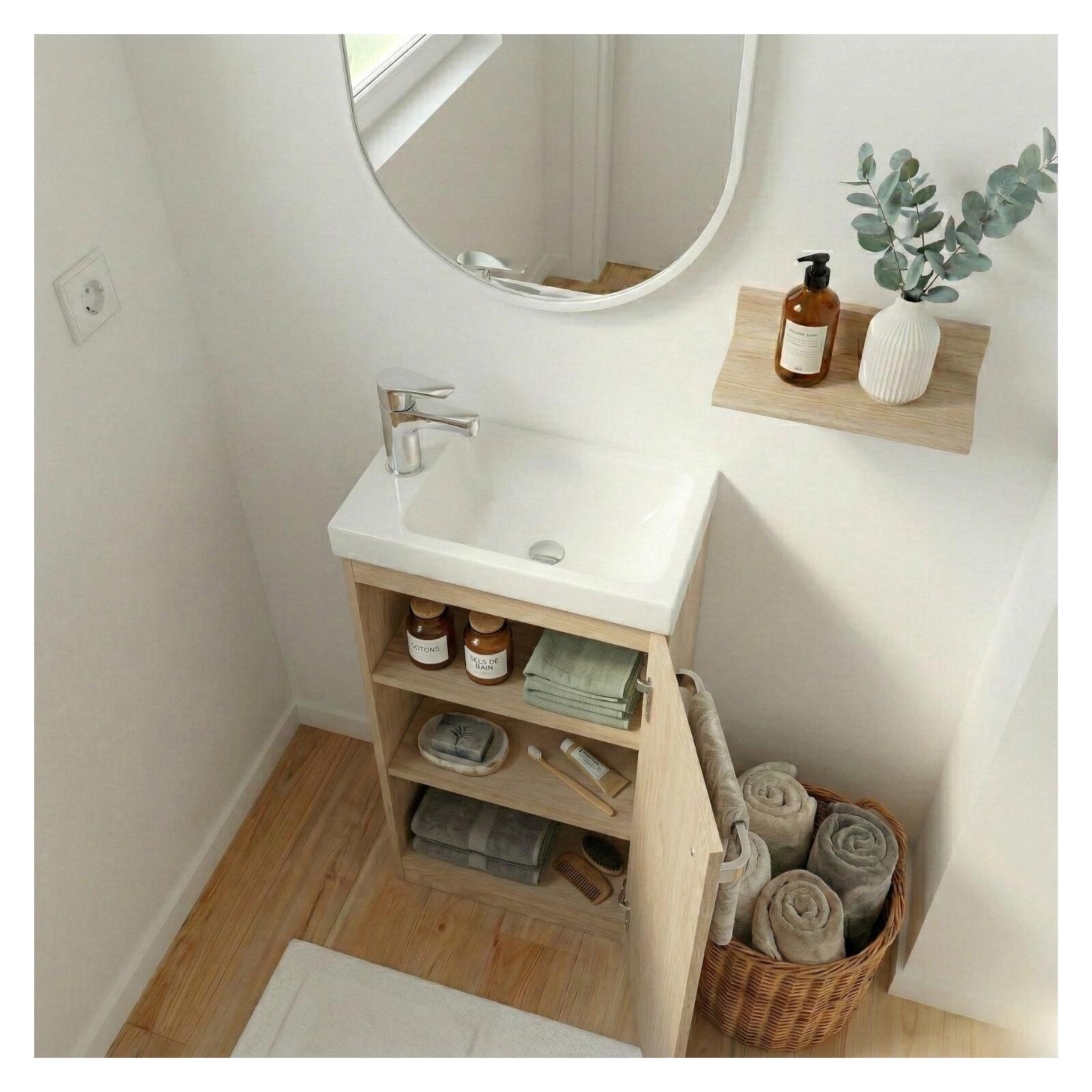 Ensemble lave-mains sur pieds décor chêne avec robinet chromé