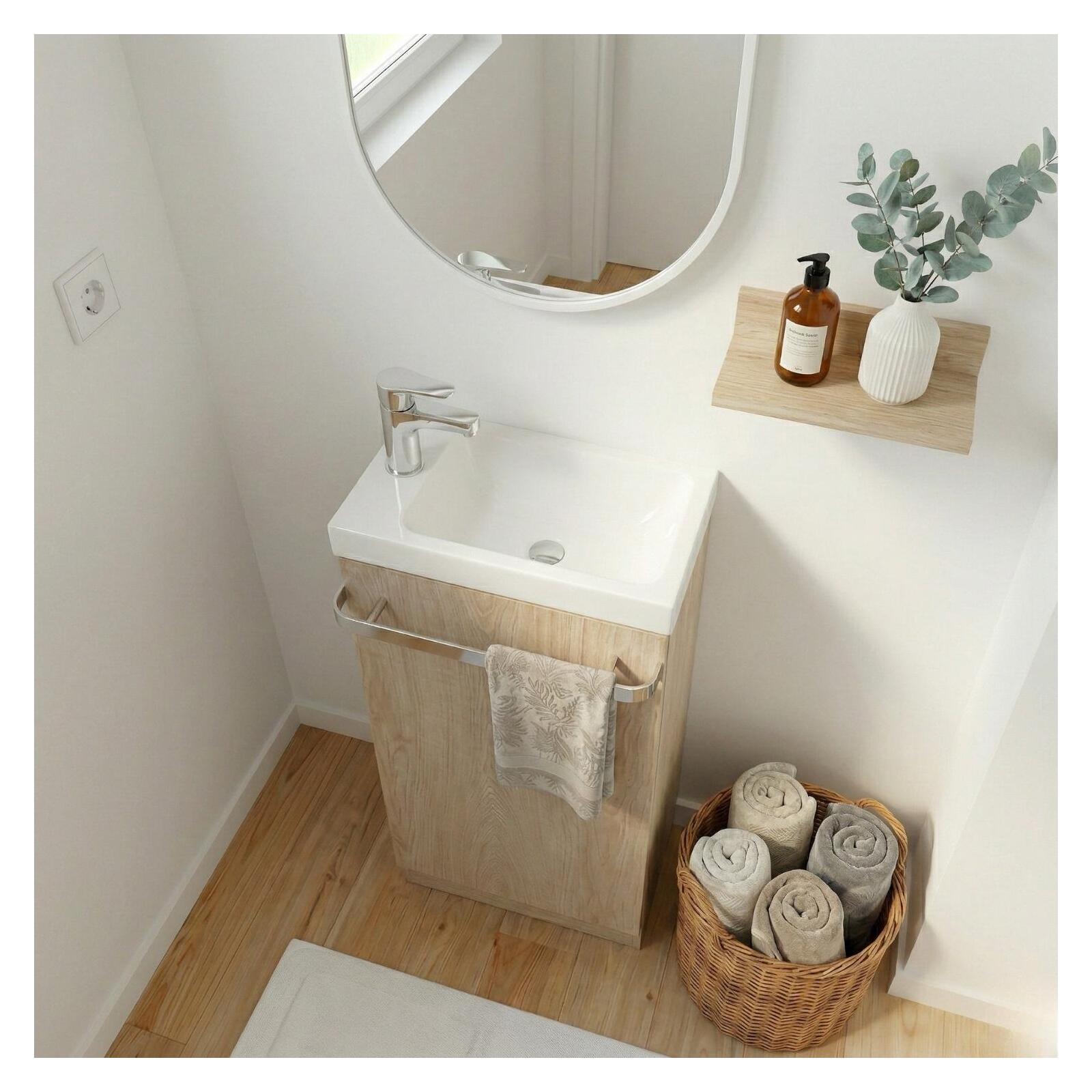 Meuble lave-mains sur pieds décor chêne avec vasque en céramique