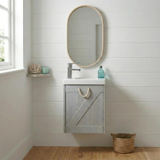 Meuble lave-mains gris bord de mer + robinet + miroir