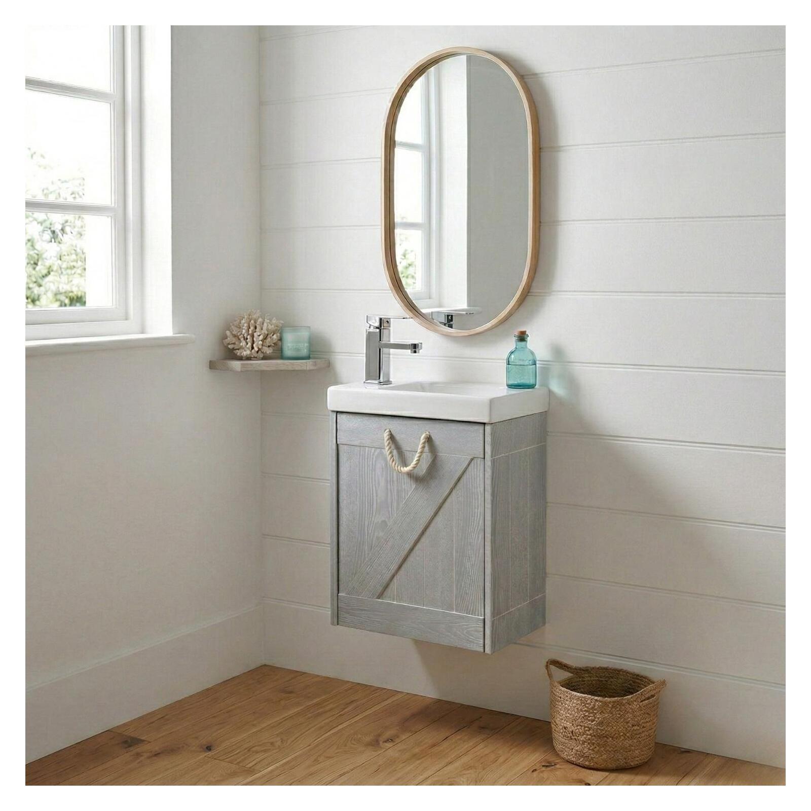 Meuble lave-mains gris bord de mer + robinet + miroir