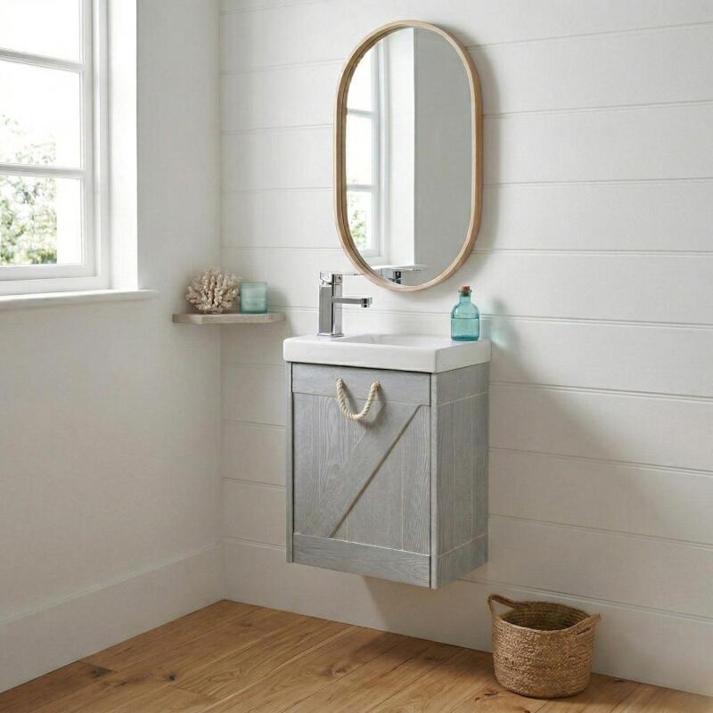 Meuble lave-mains gris bord de mer + miroir