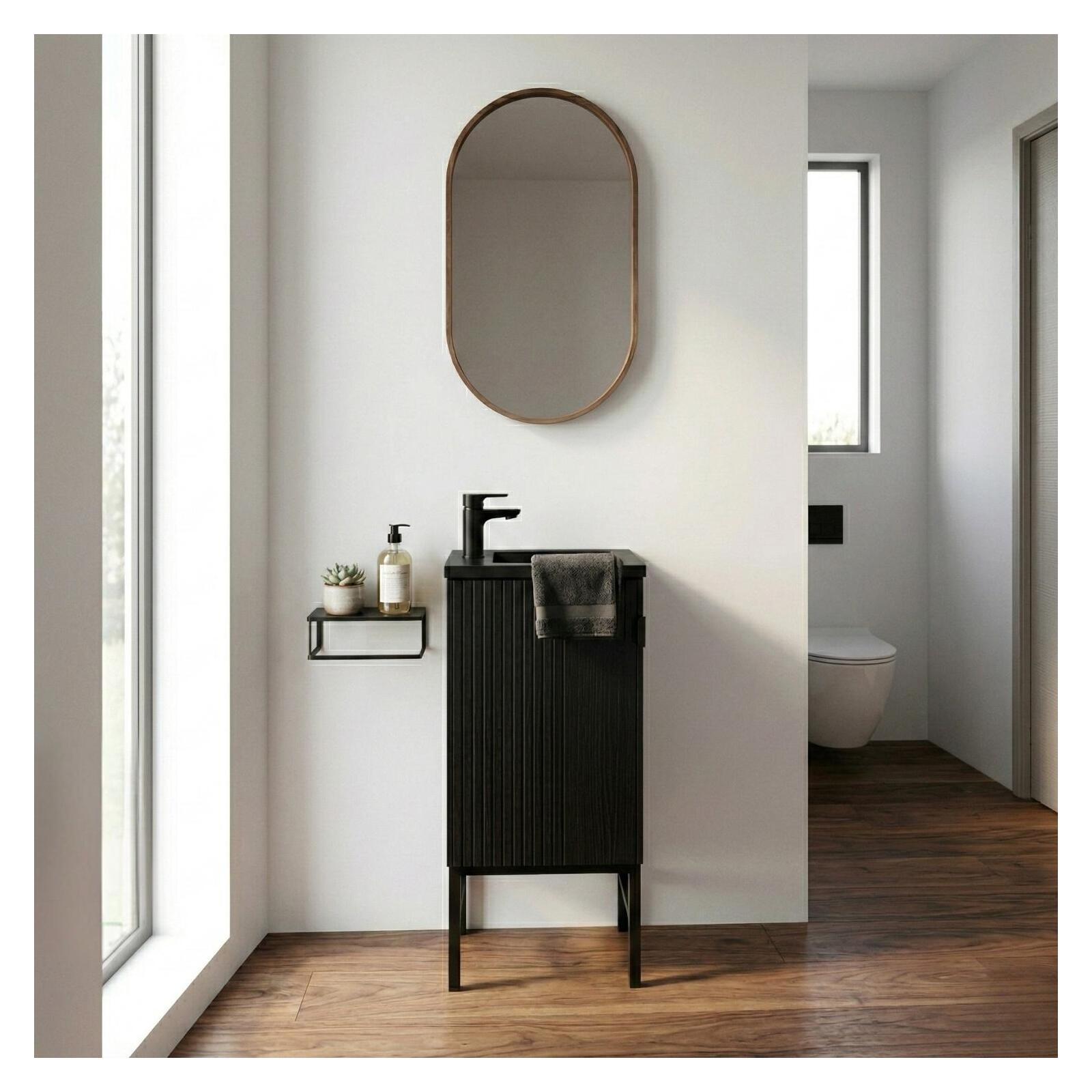 Ensemble meuble lave-mains chêne carbone + robinet + miroir
