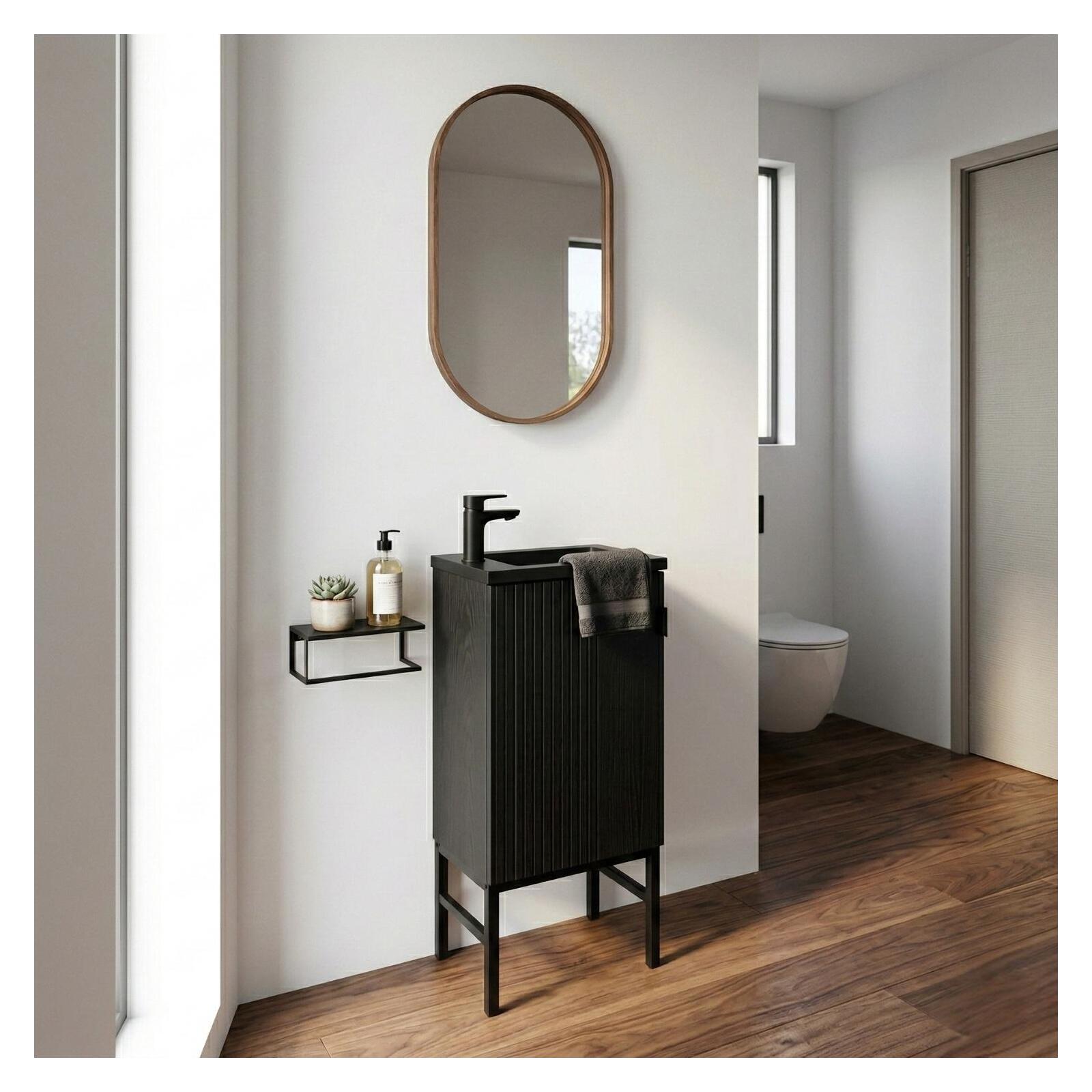 Ensemble meuble lave-mains décor chêne carbone + miroir