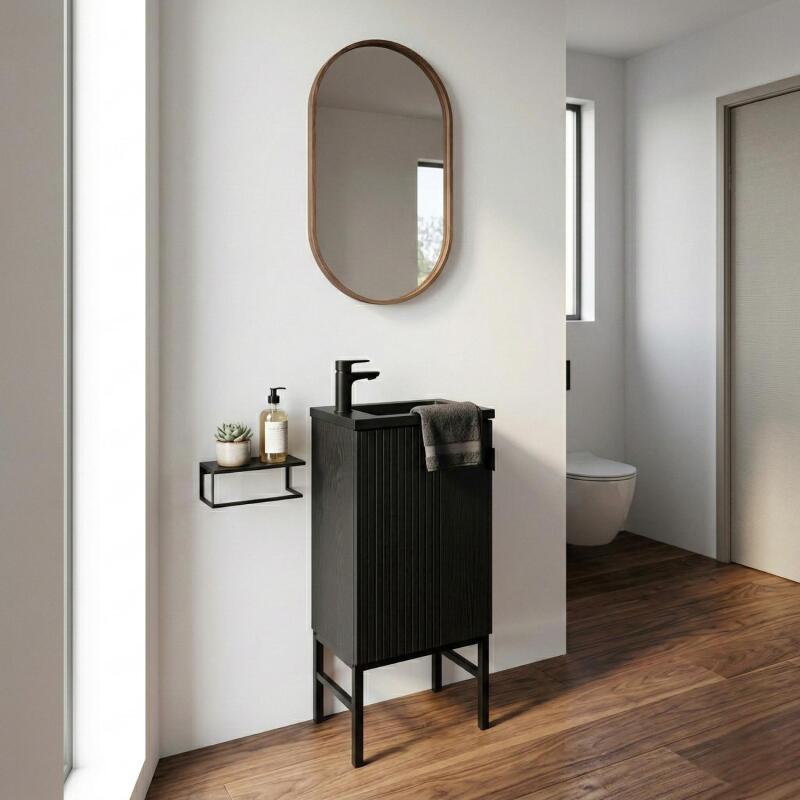 Meuble lave-mains sur pieds décor chêne carbone