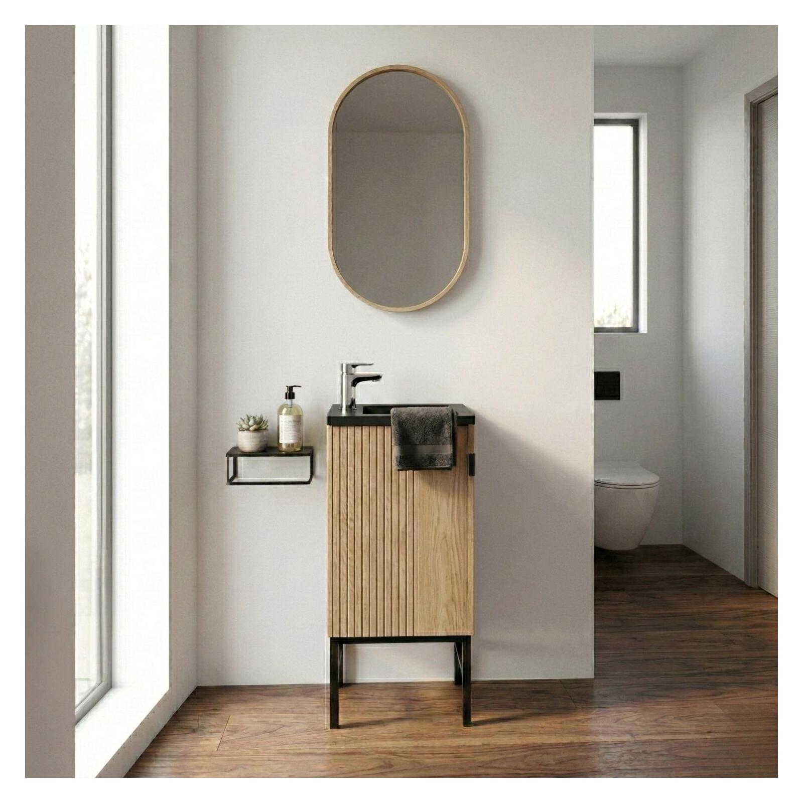 Ensemble meuble lave-mains sur pieds chêne + miroir