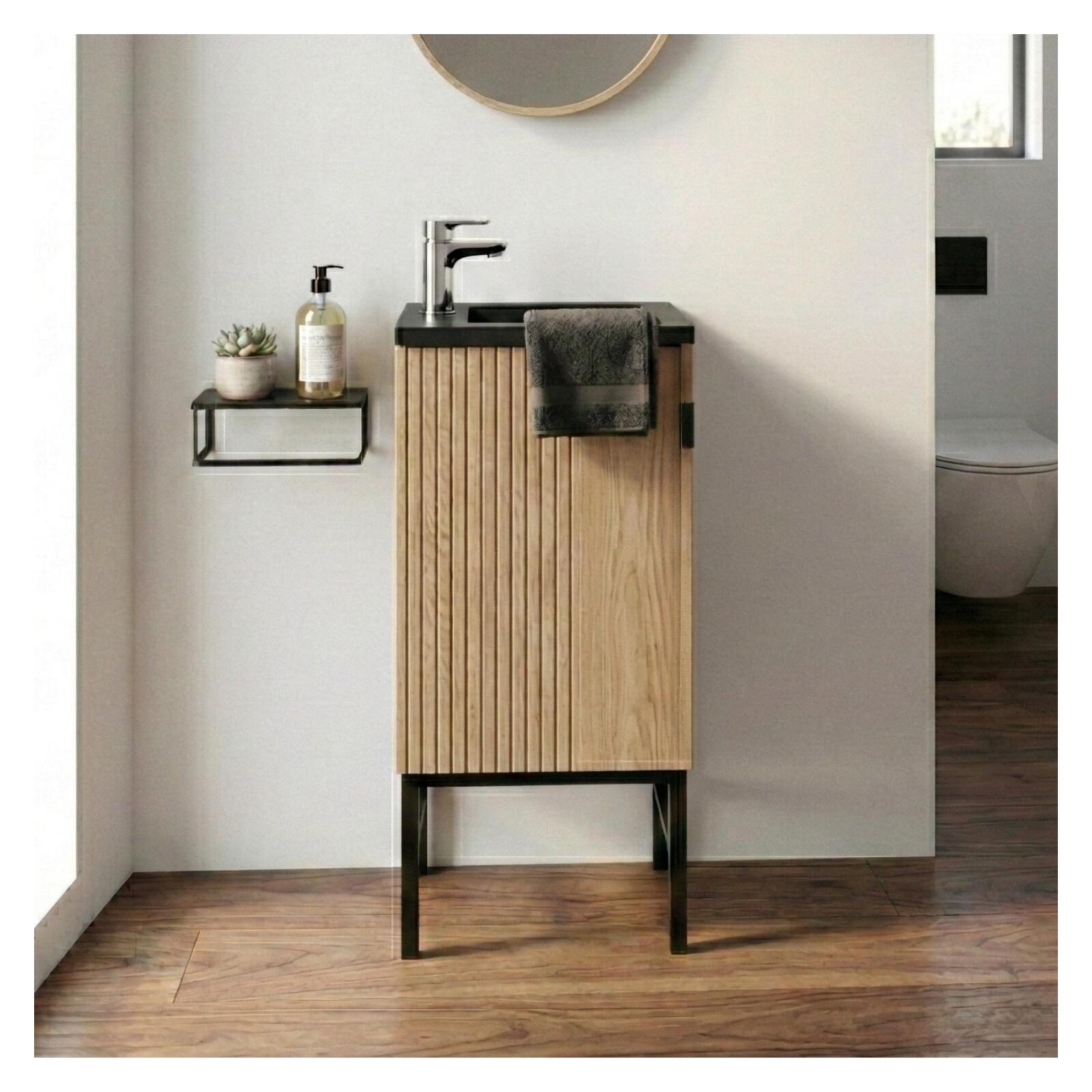 Meuble lave-mains sur pieds décor chêne