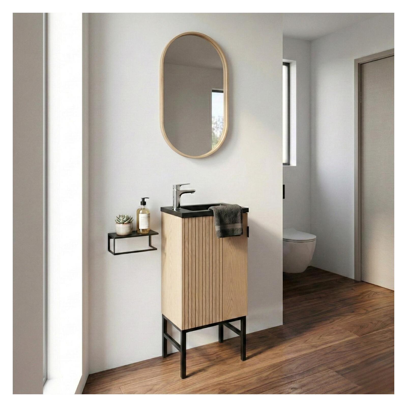 Meuble lave-mains sur pieds décor chêne