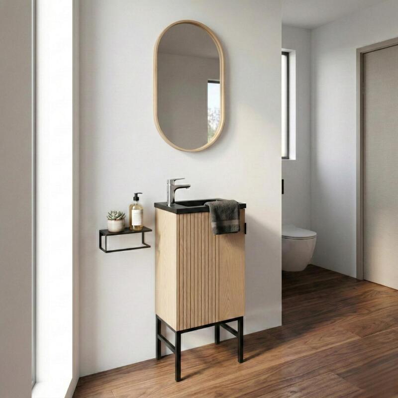 Meuble lave-mains sur pieds décor chêne