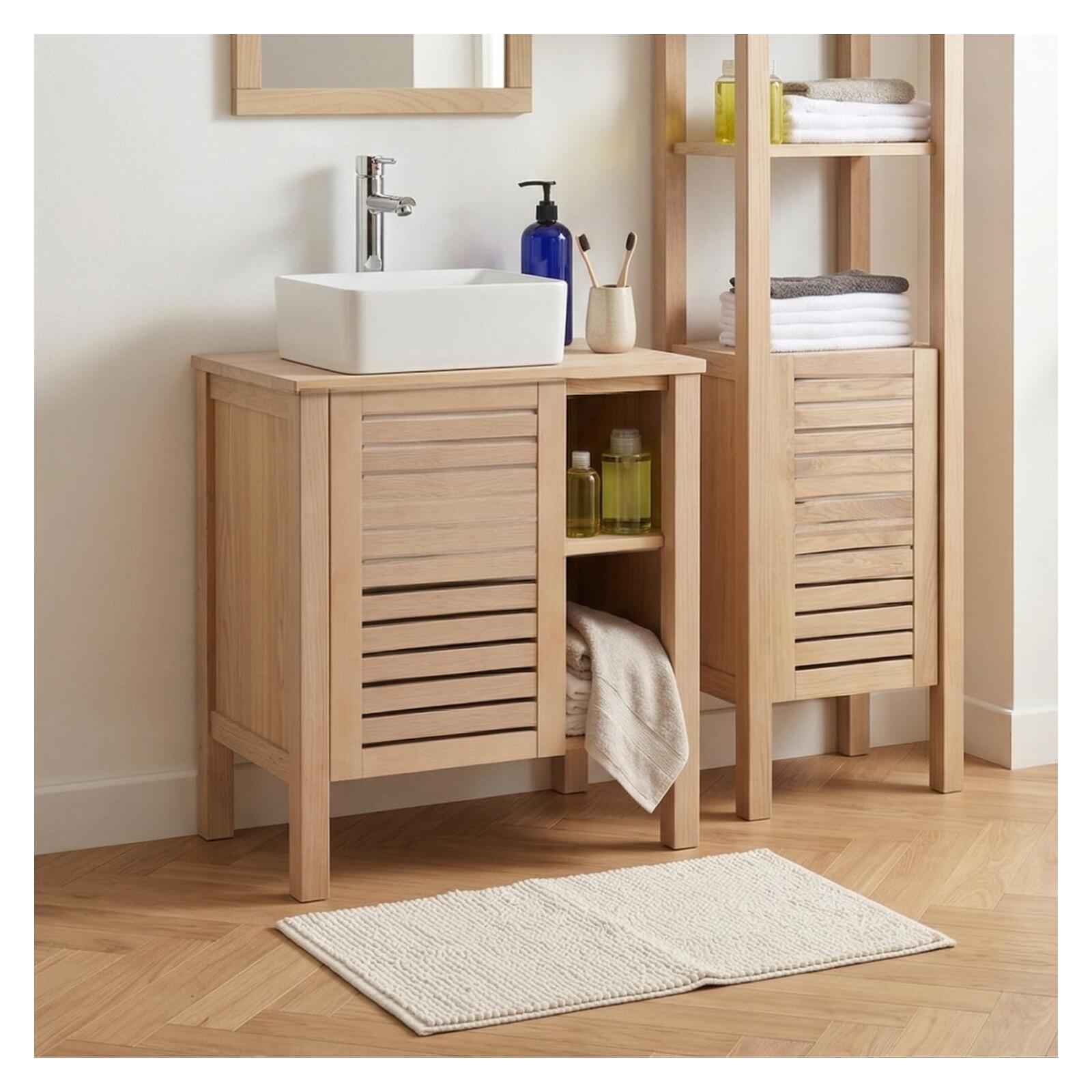 Ensemble simple vasque 60cm chêne avec vasque céramique carrée