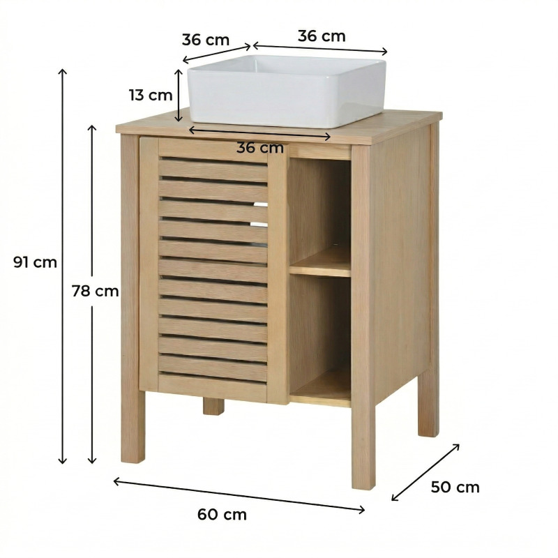 Ensemble simple vasque 60cm chêne avec vasque céramique carrée