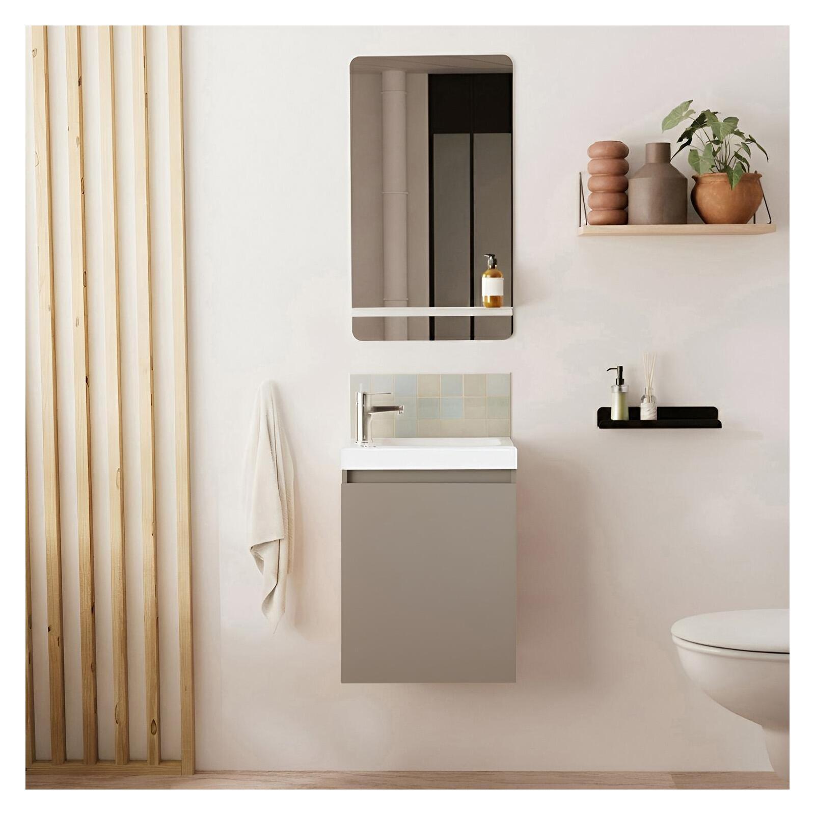 Ensemble lave-mains suspendu avec robinet chromé et miroir tablette