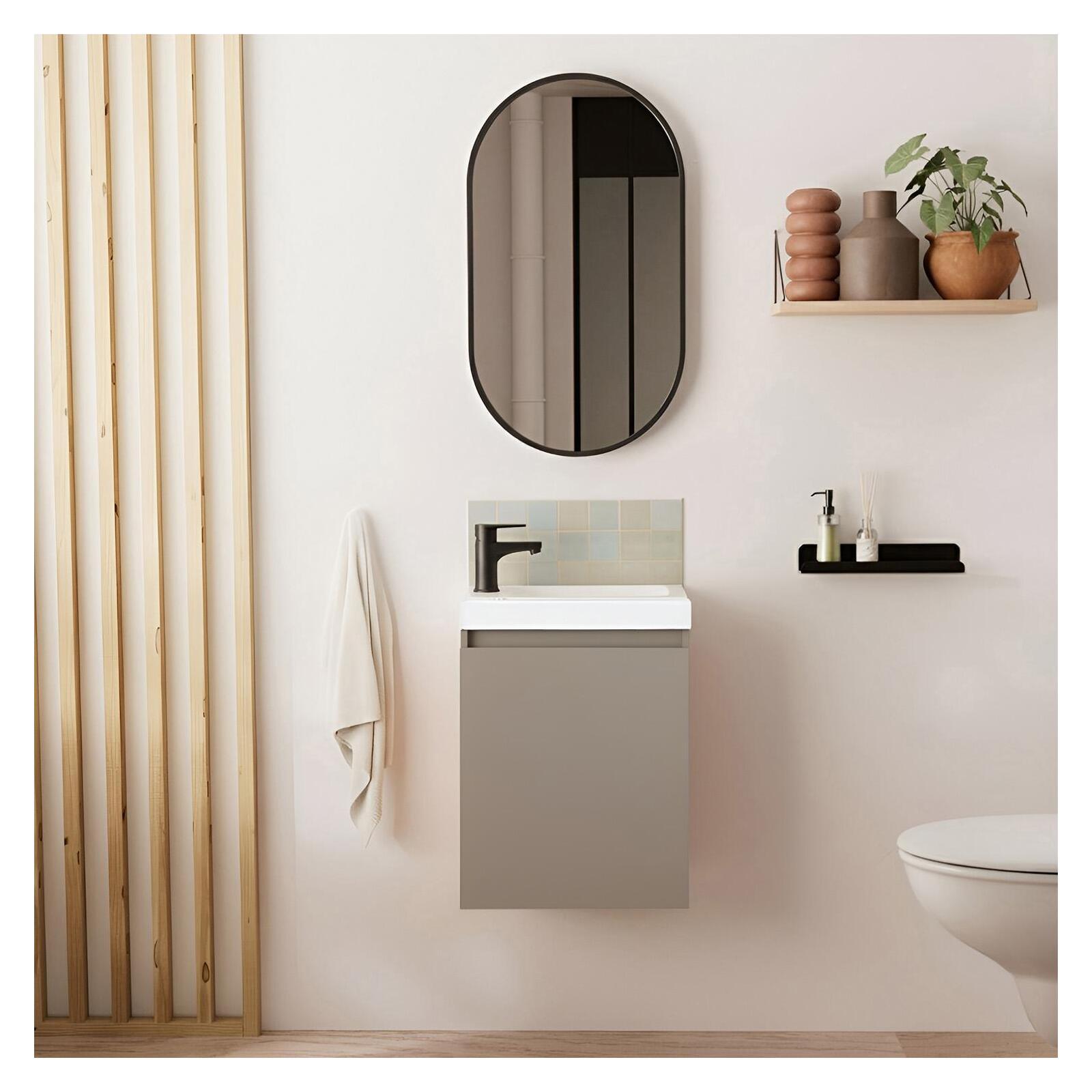 Ensemble lave-mains suspendu avec robinet noir et miroir ovale