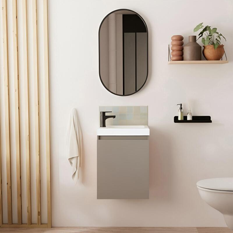 Ensemble lave-mains suspendu avec robinet noir et miroir ovale