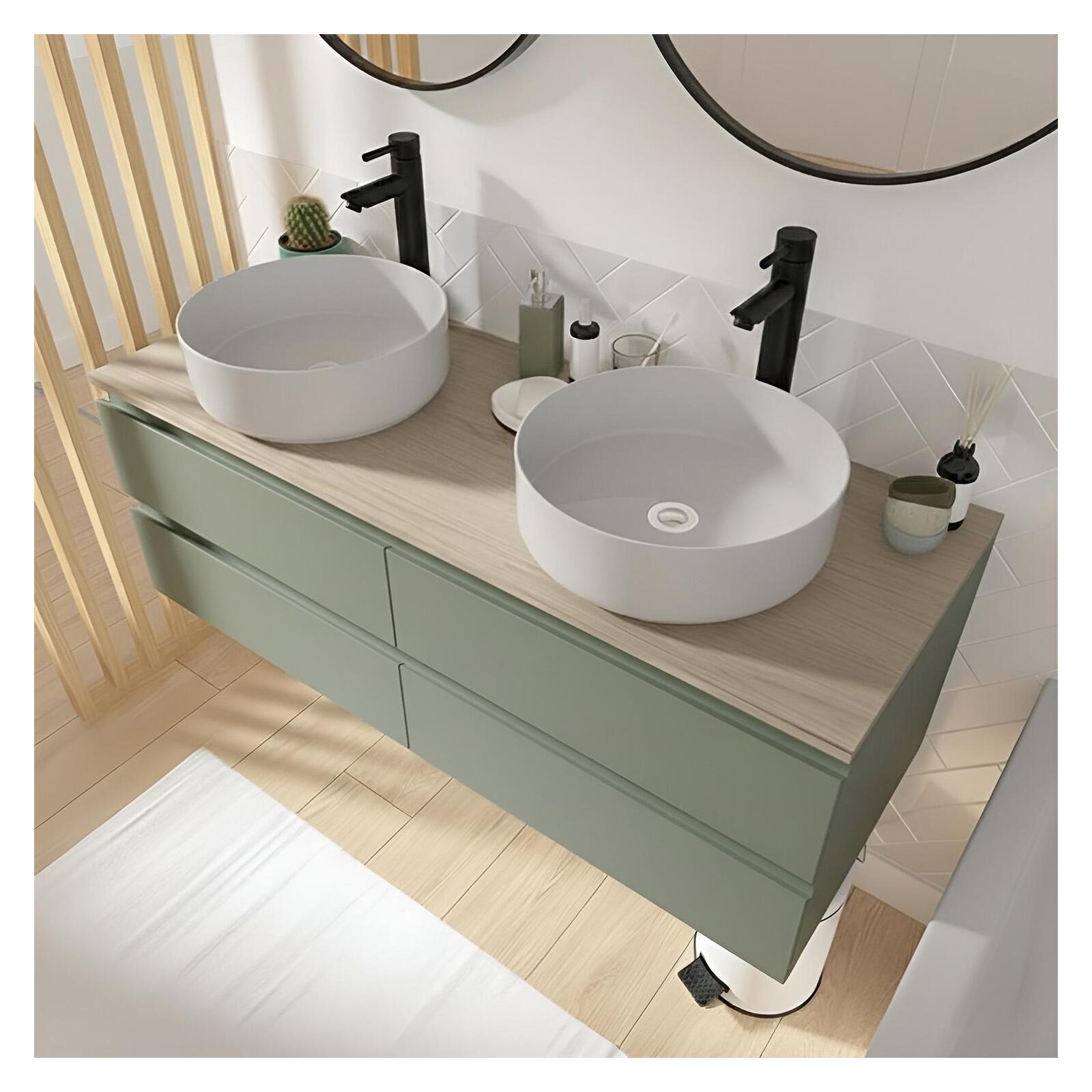 Meuble double vasque suspendu 120cm - avec plan vasque décor chêne