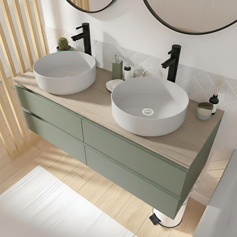 Meuble double vasque suspendu 120cm - avec plan vasque décor chêne