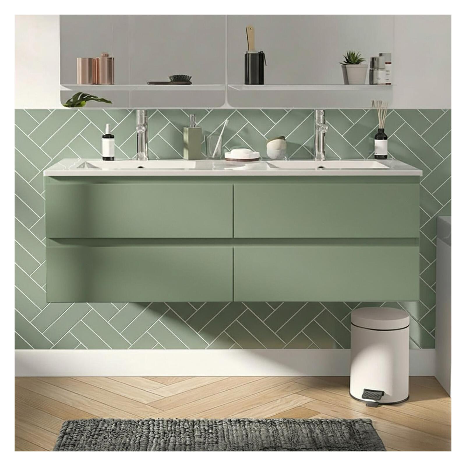 Ensemble double vasque 120cm avec plan céramique et robinets chromés