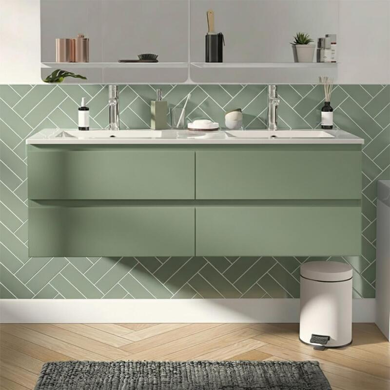 Ensemble double vasque 120cm avec plan céramique et robinets chromés