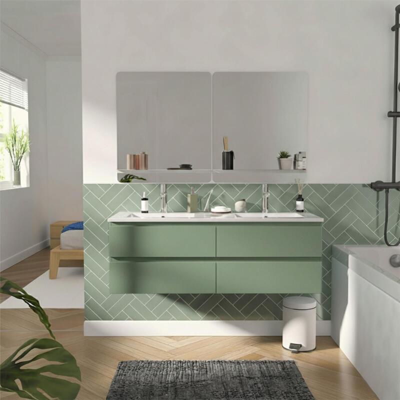 Ensemble double vasque 120cm avec plan céramique, robinets chromés et miroirs