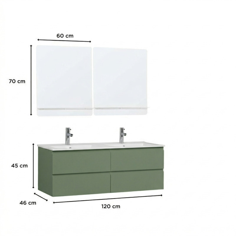 Ensemble double vasque 120cm avec plan céramique, robinets chromés et miroirs