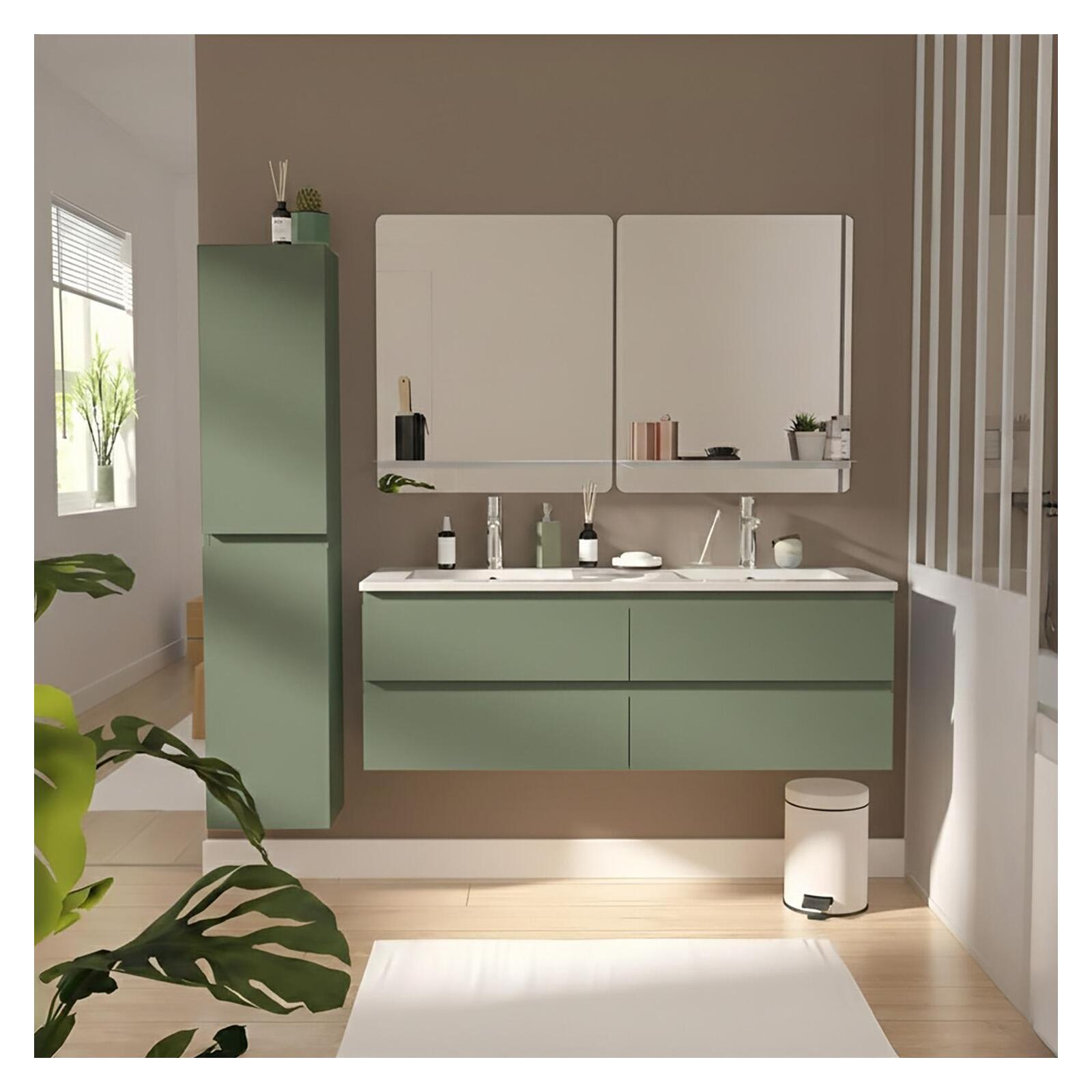 Ensemble double vasque 120cm avec plan céramique, robinets chromés, miroirs et colonne