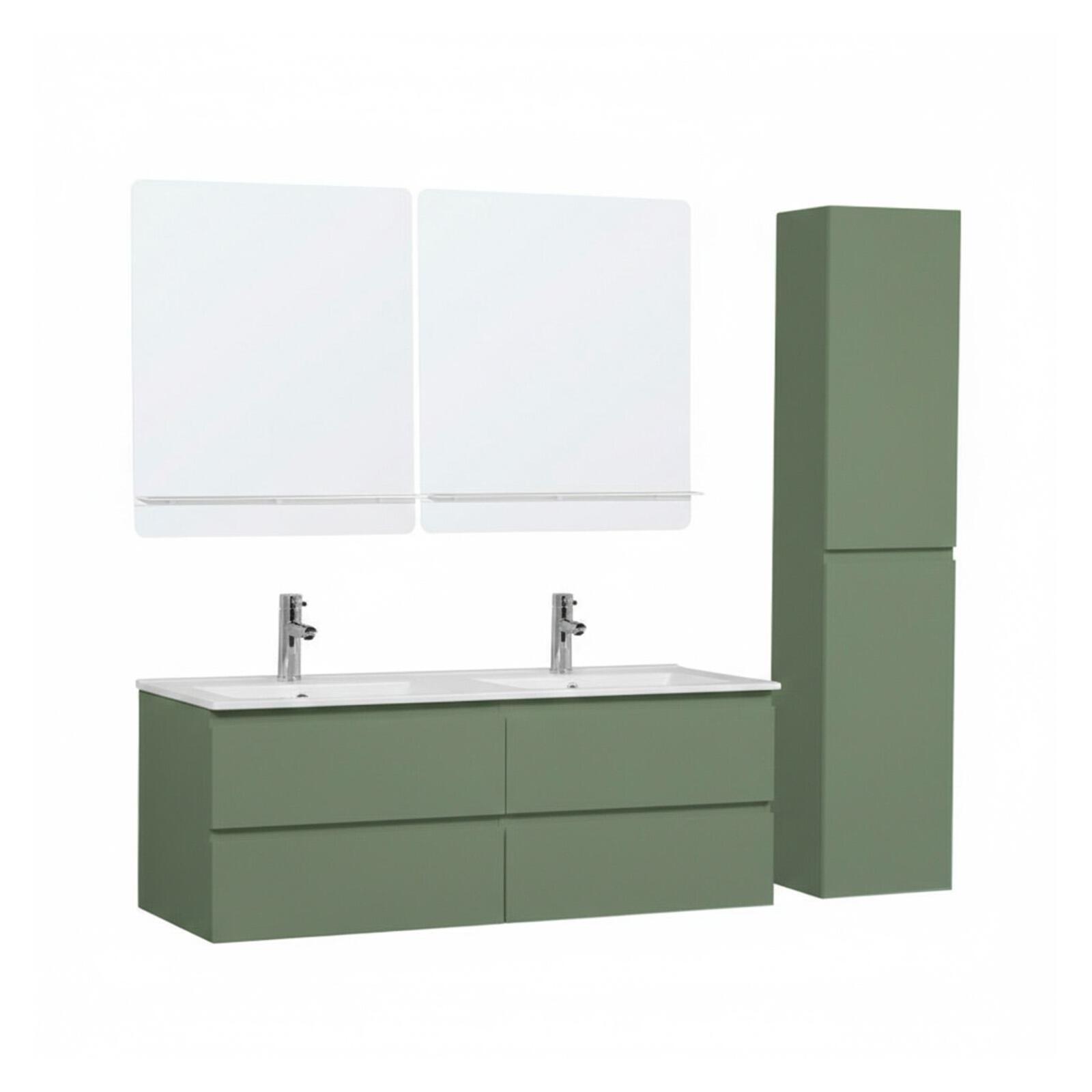 Ensemble double vasque 120cm avec plan céramique, robinets chromés, miroirs et colonne