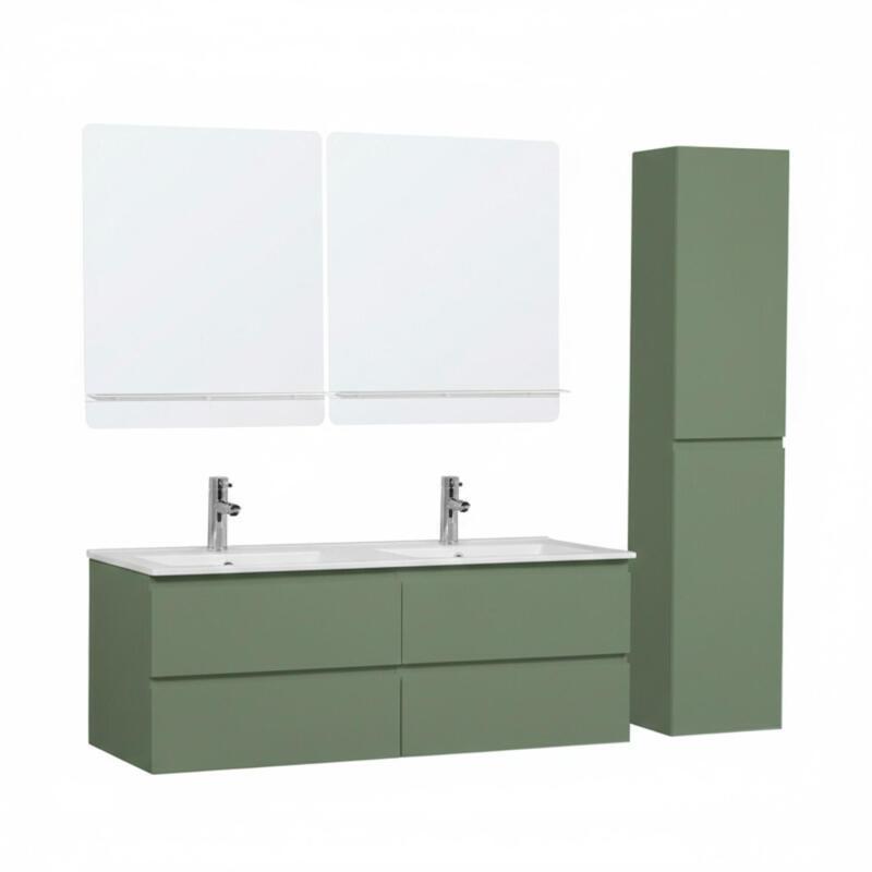 Ensemble double vasque 120cm avec plan céramique, robinets chromés, miroirs et colonne