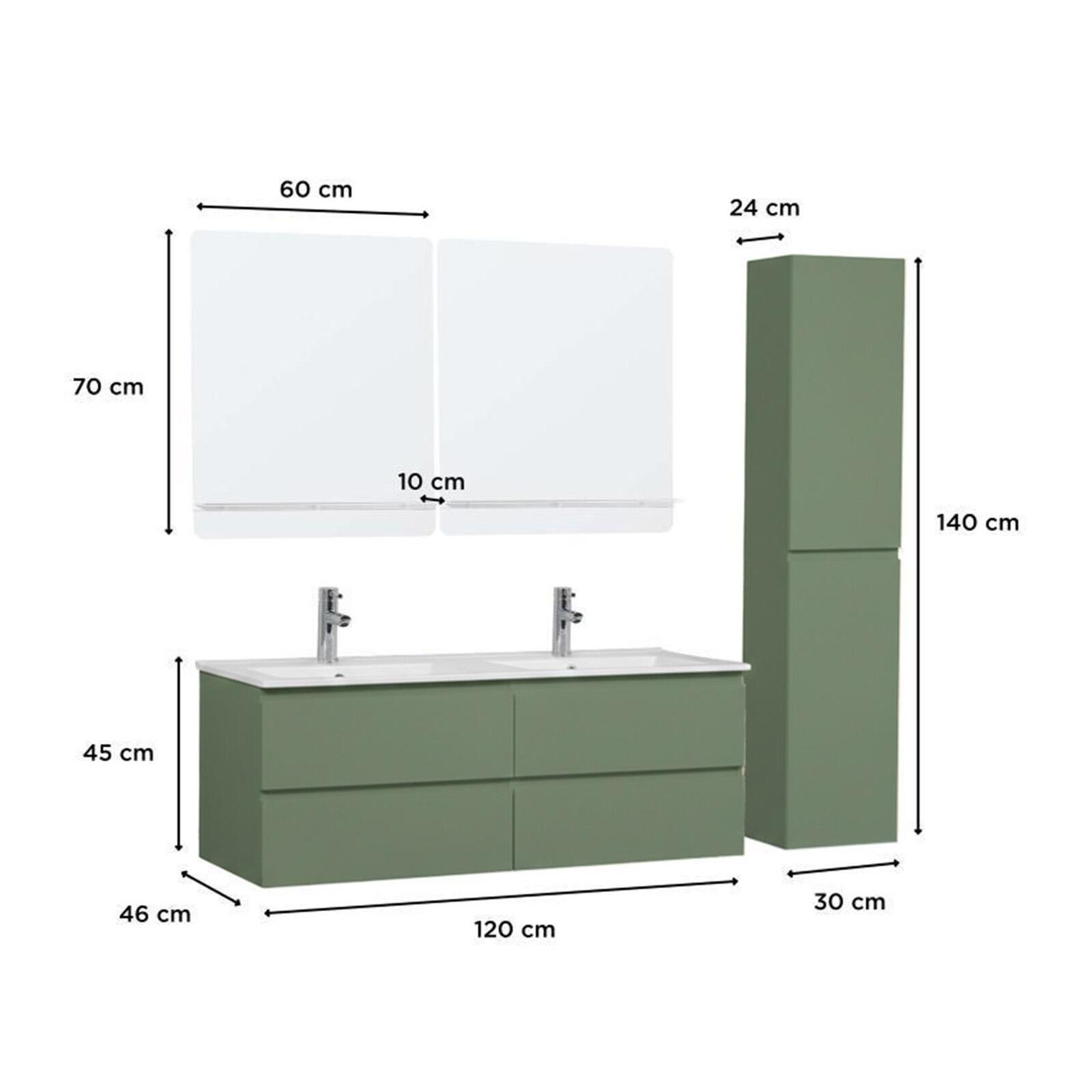 Ensemble double vasque 120cm avec plan céramique, robinets chromés, miroirs et colonne