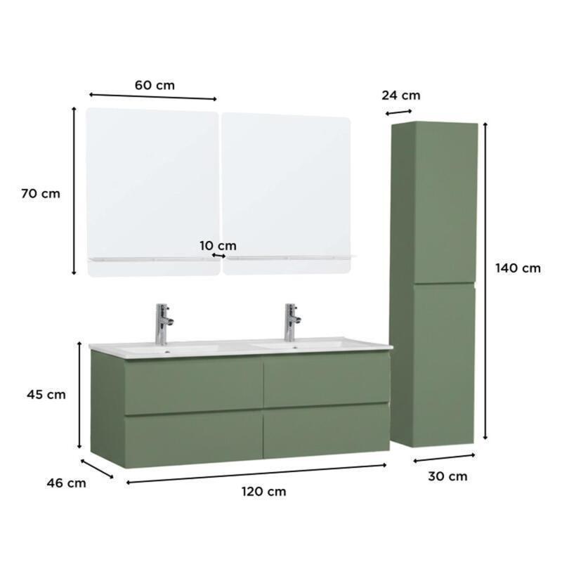 Ensemble double vasque 120cm avec plan céramique, robinets chromés, miroirs et colonne