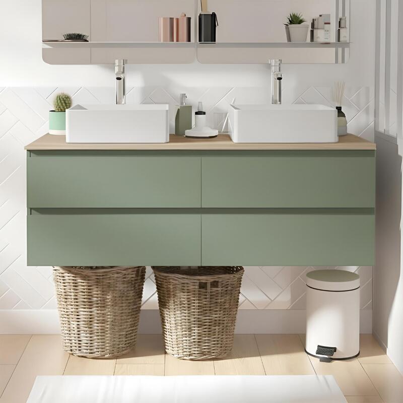 Ensemble double vasque suspendu 120cm avec plan bois et vasques à poser